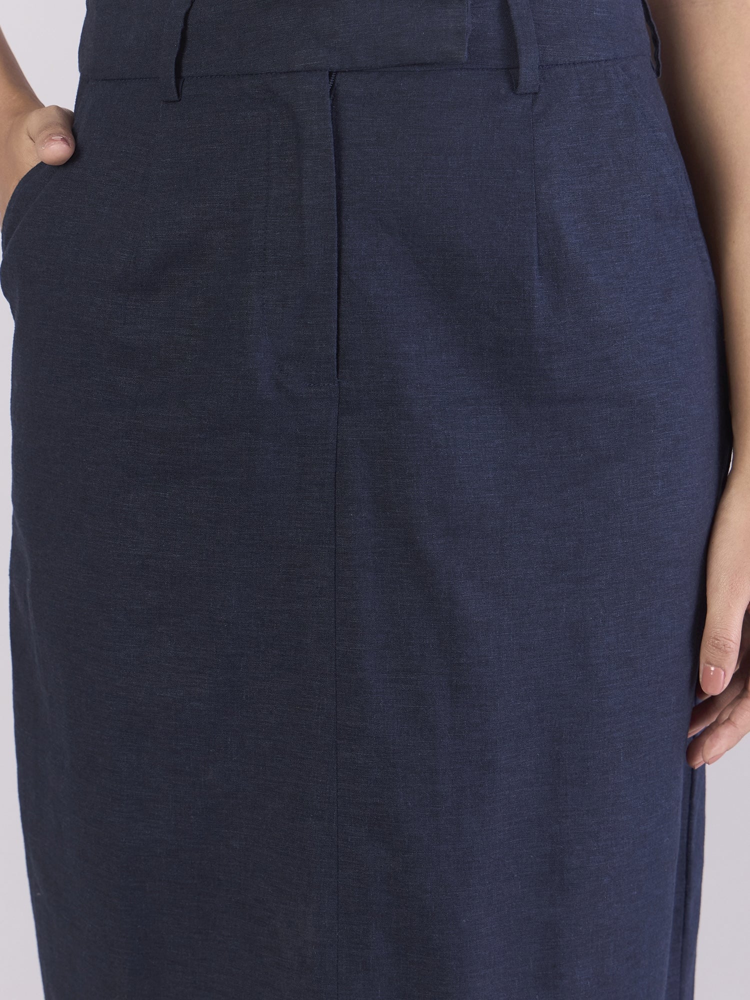Navy Cotton-Linen Stretchable Skirt With Hook & Fly Closure
