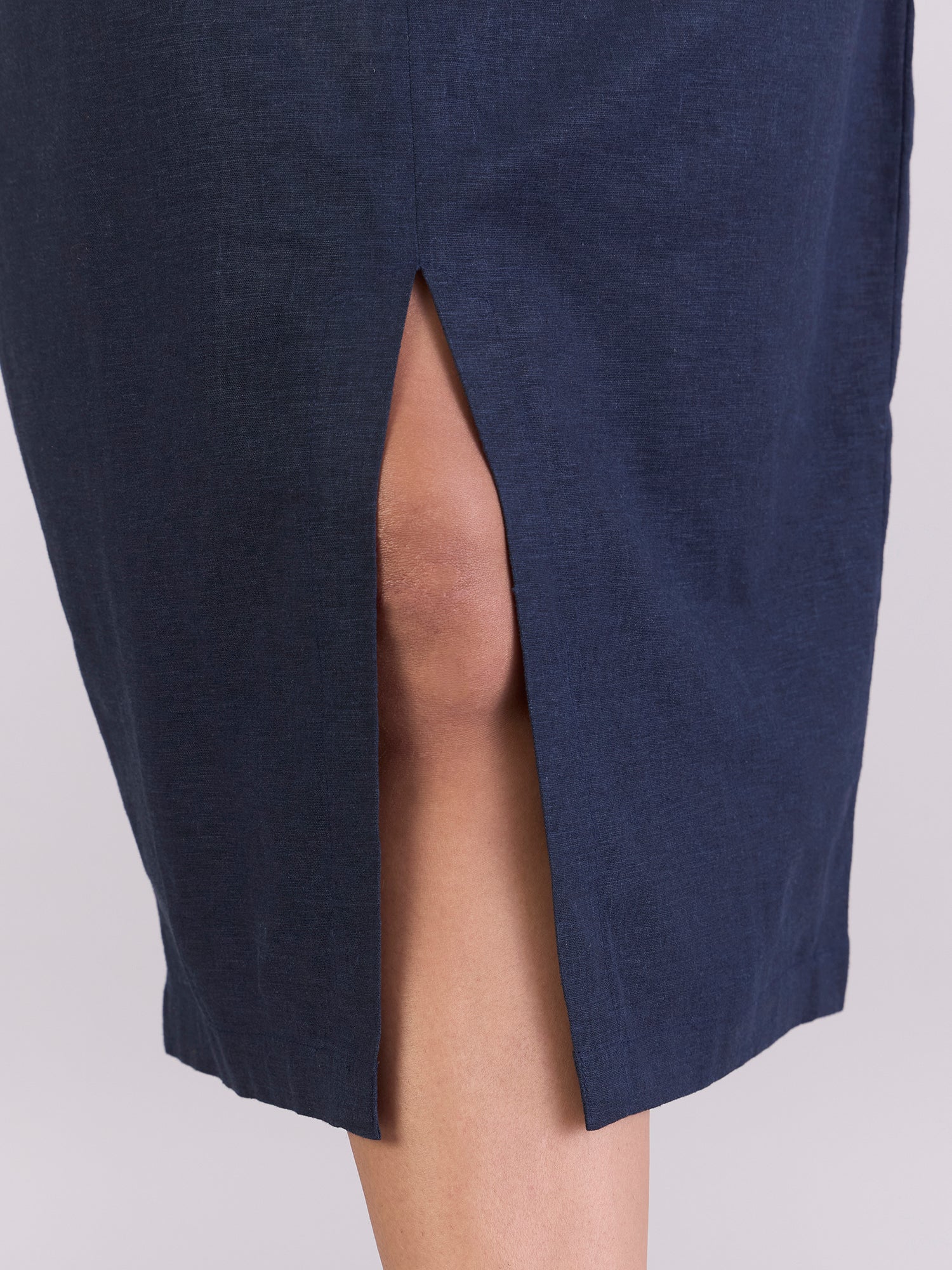 Navy Cotton-Linen Stretchable Skirt With Hook & Fly Closure