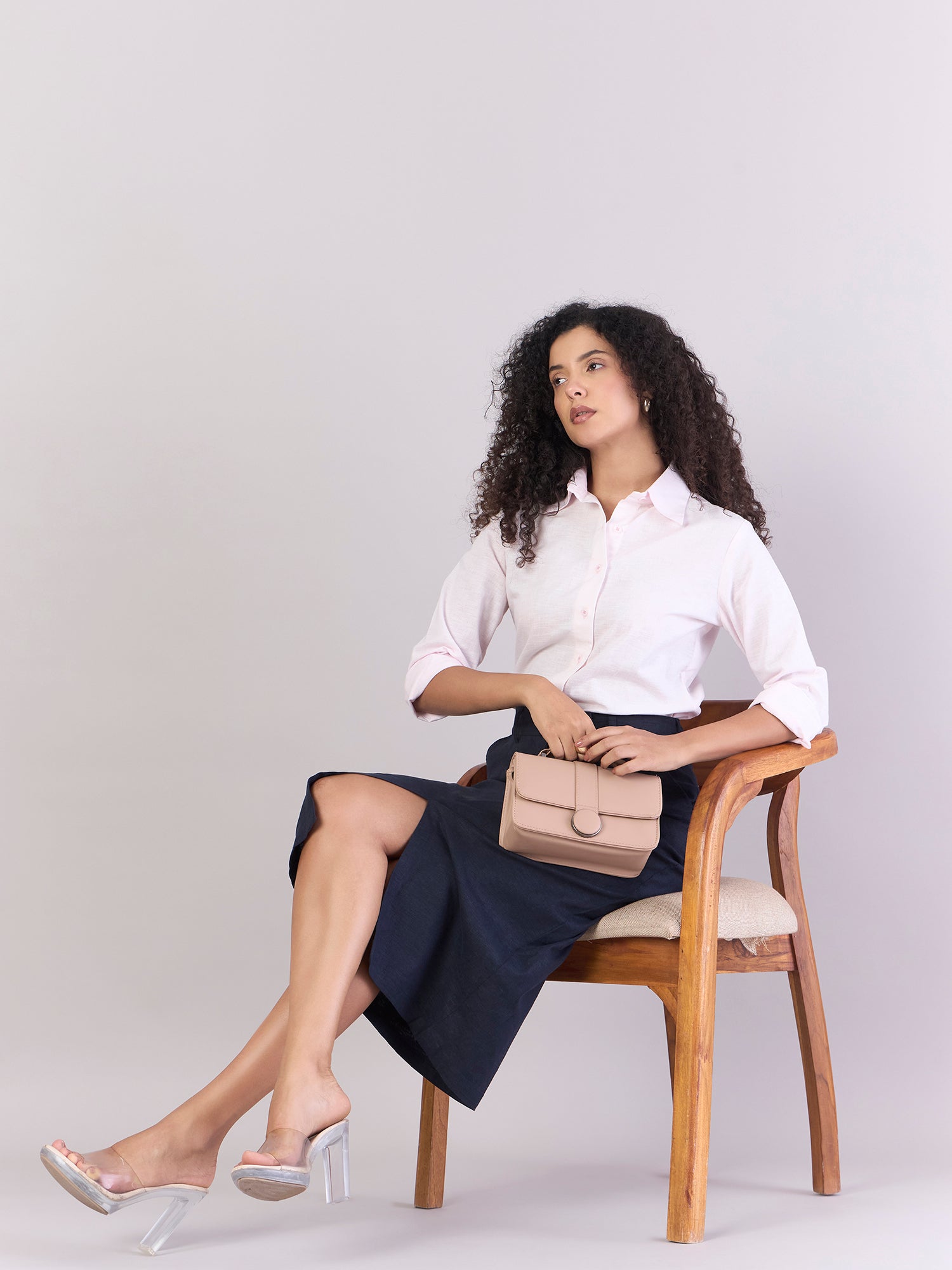Navy Cotton-Linen Stretchable Skirt With Hook & Fly Closure