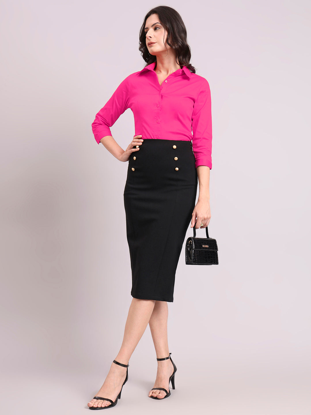 Women Black 4-Way Stretch Pencil Skirt