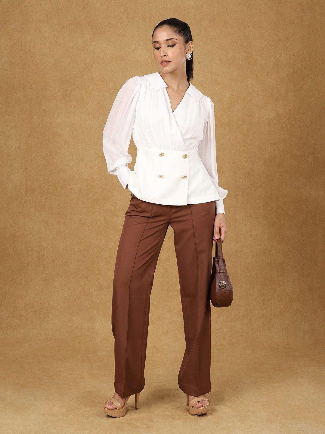 Women Shirt Collar Cuffed Sleeves Peplum Top