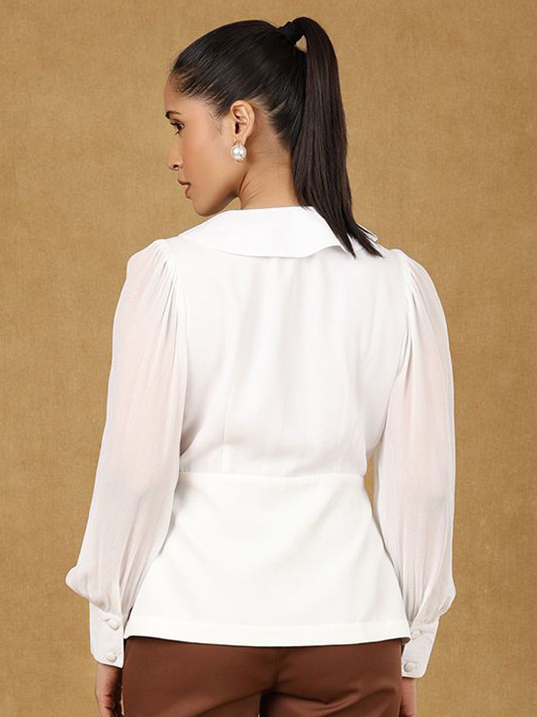 Women Shirt Collar Cuffed Sleeves Peplum Top