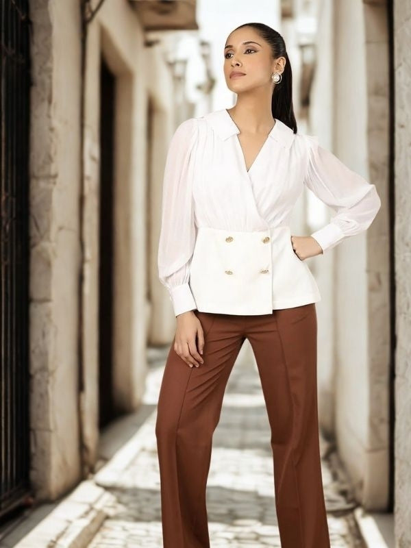 Women Shirt Collar Cuffed Sleeves Peplum Top