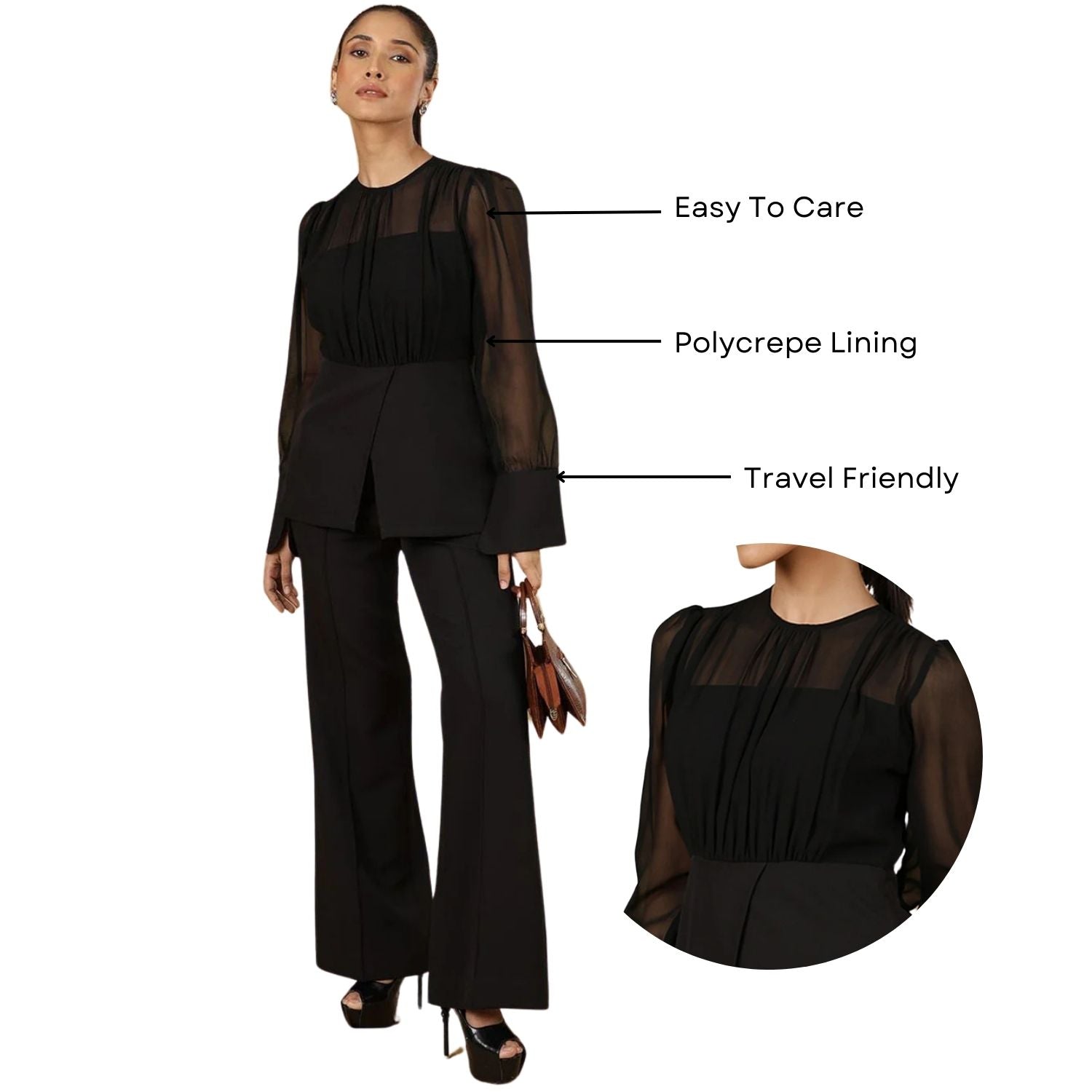 Women Black Elegant Round Neck Long Sleeve Peplum Top