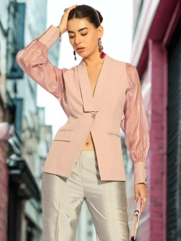 Women Shawl Collar Long Sleeves Shirt Style Top