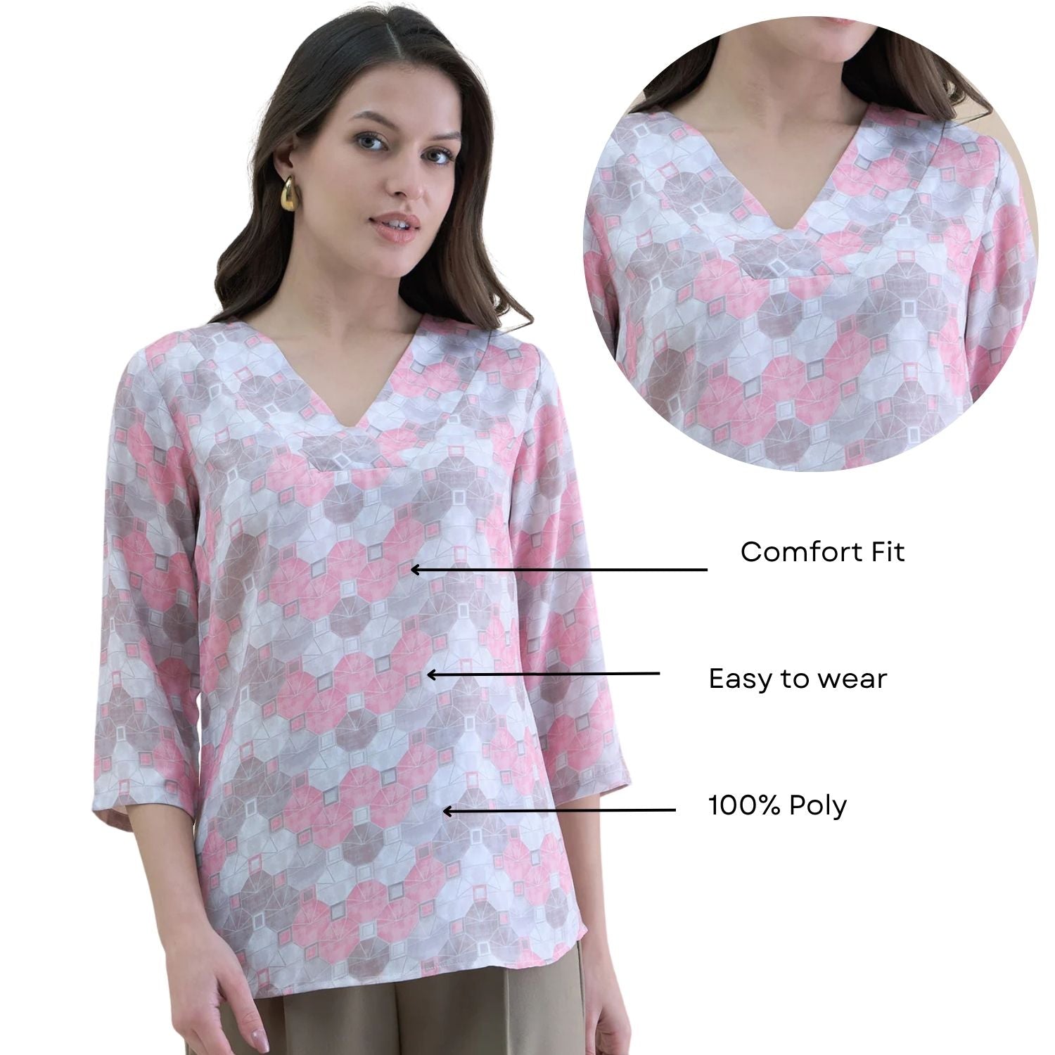 Geo-Print V-Neck Loose Fit Women Casual Top