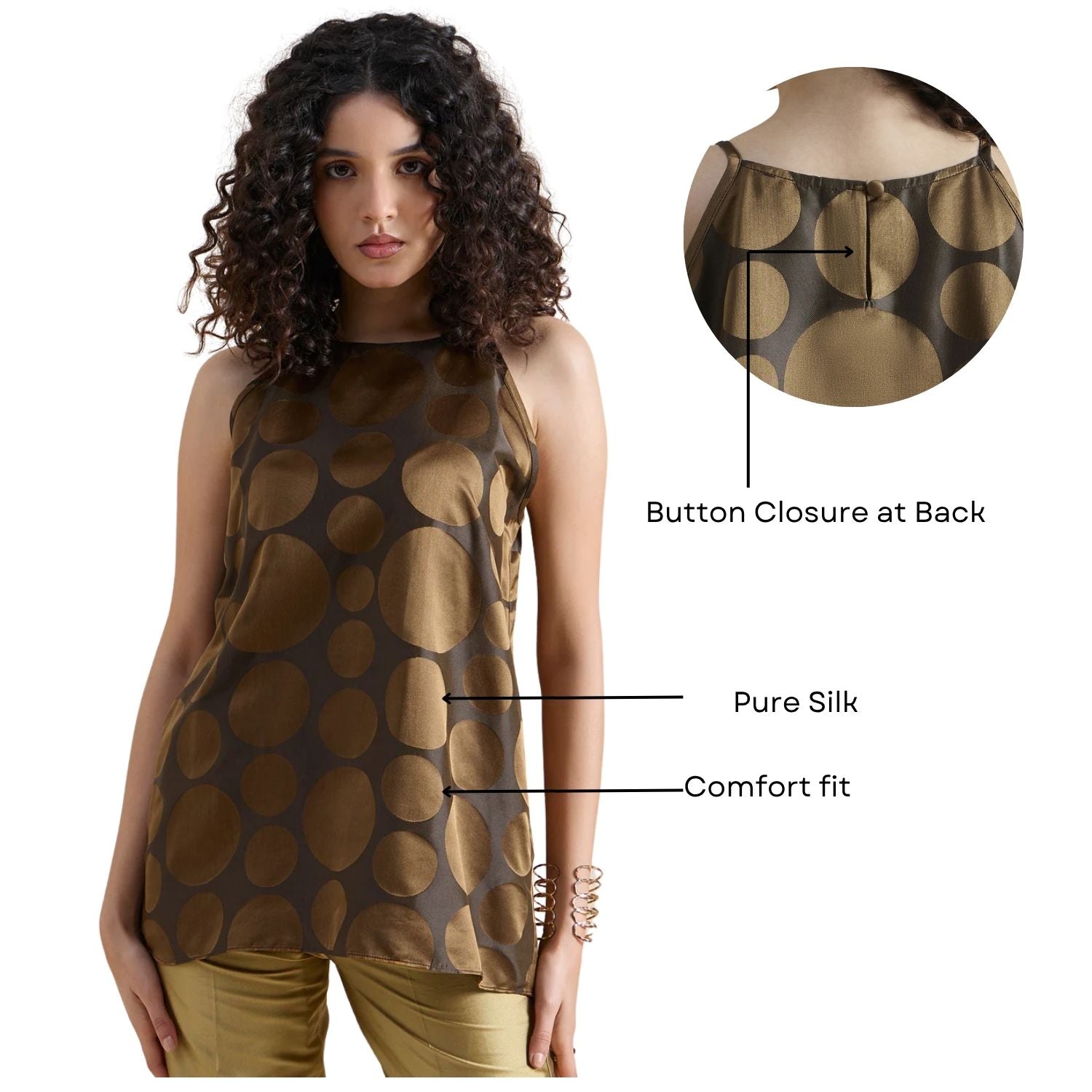 Copper-Brown Polka Dot Pure Silk Halter Neck Top