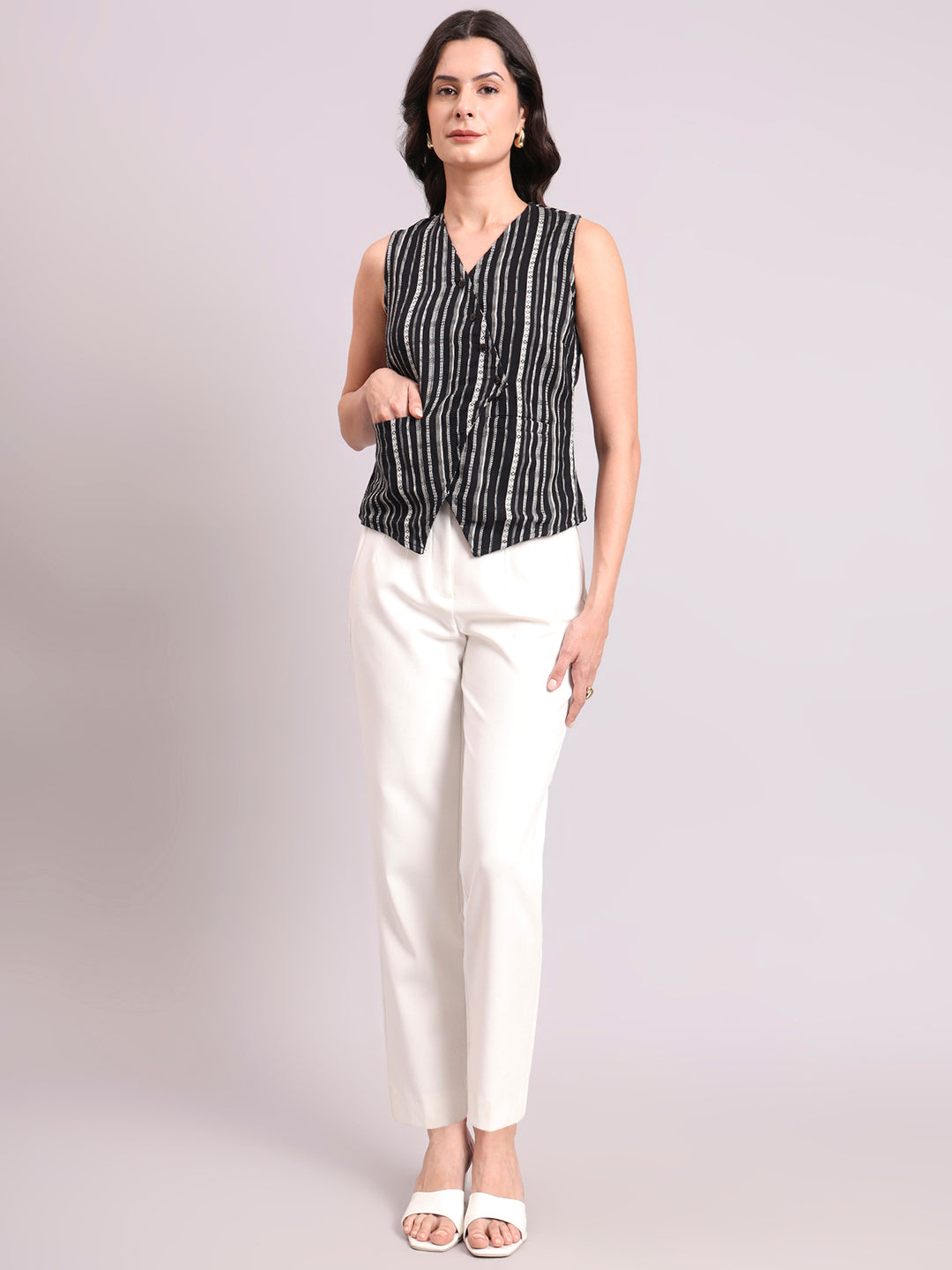 Asymmetric Cotton-Lycra Woven Black & White Striped Vest Top