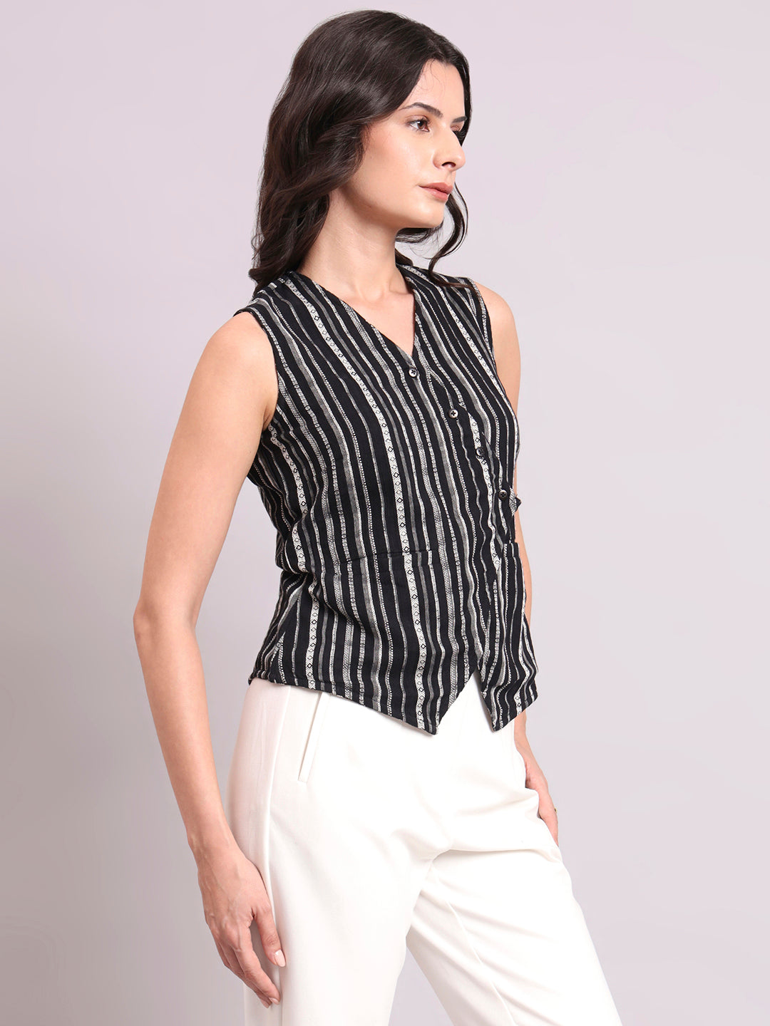 Asymmetric Cotton-Lycra Woven Black & White Striped Vest Top