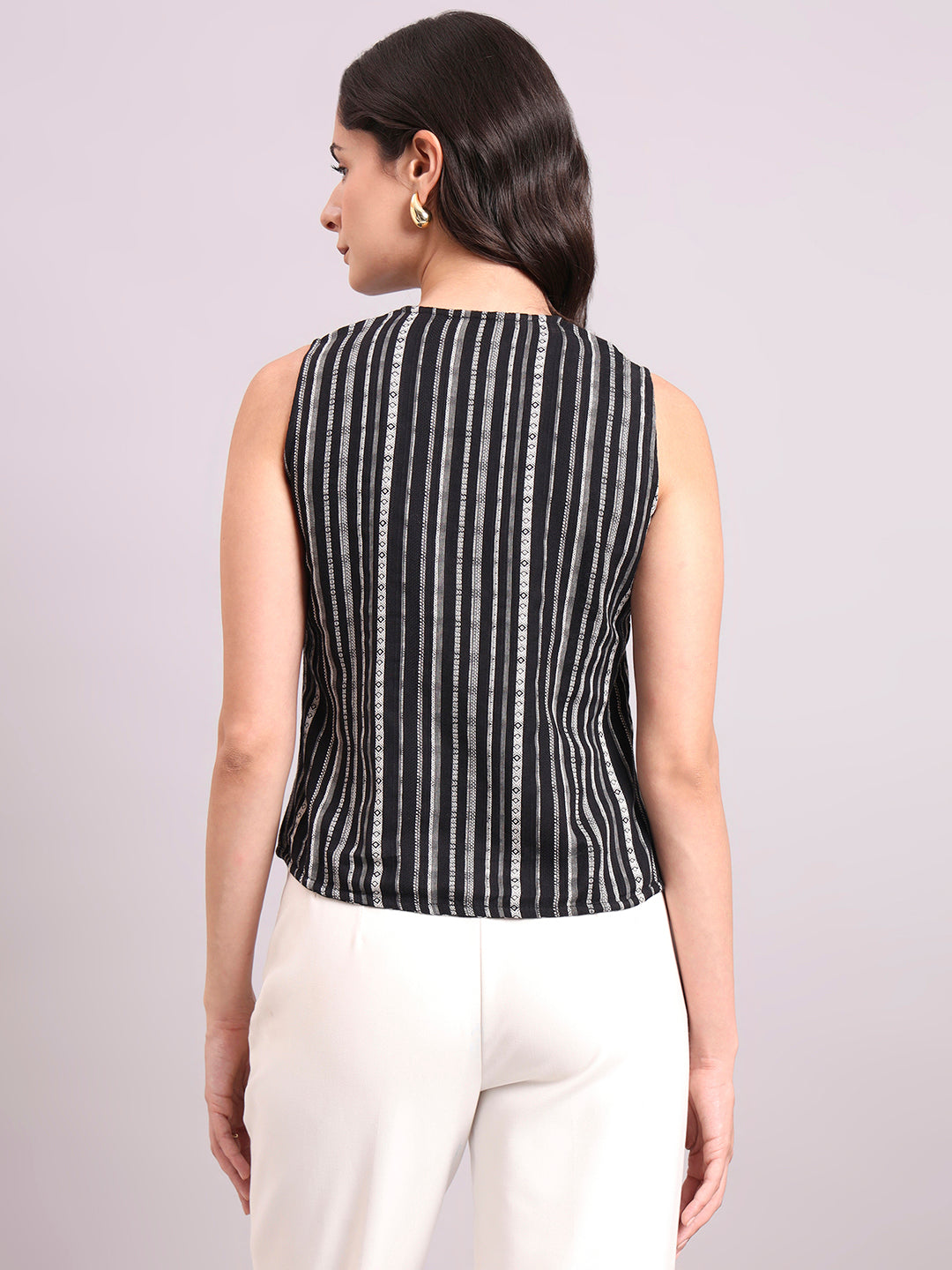 Asymmetric Cotton-Lycra Woven Black & White Striped Vest Top
