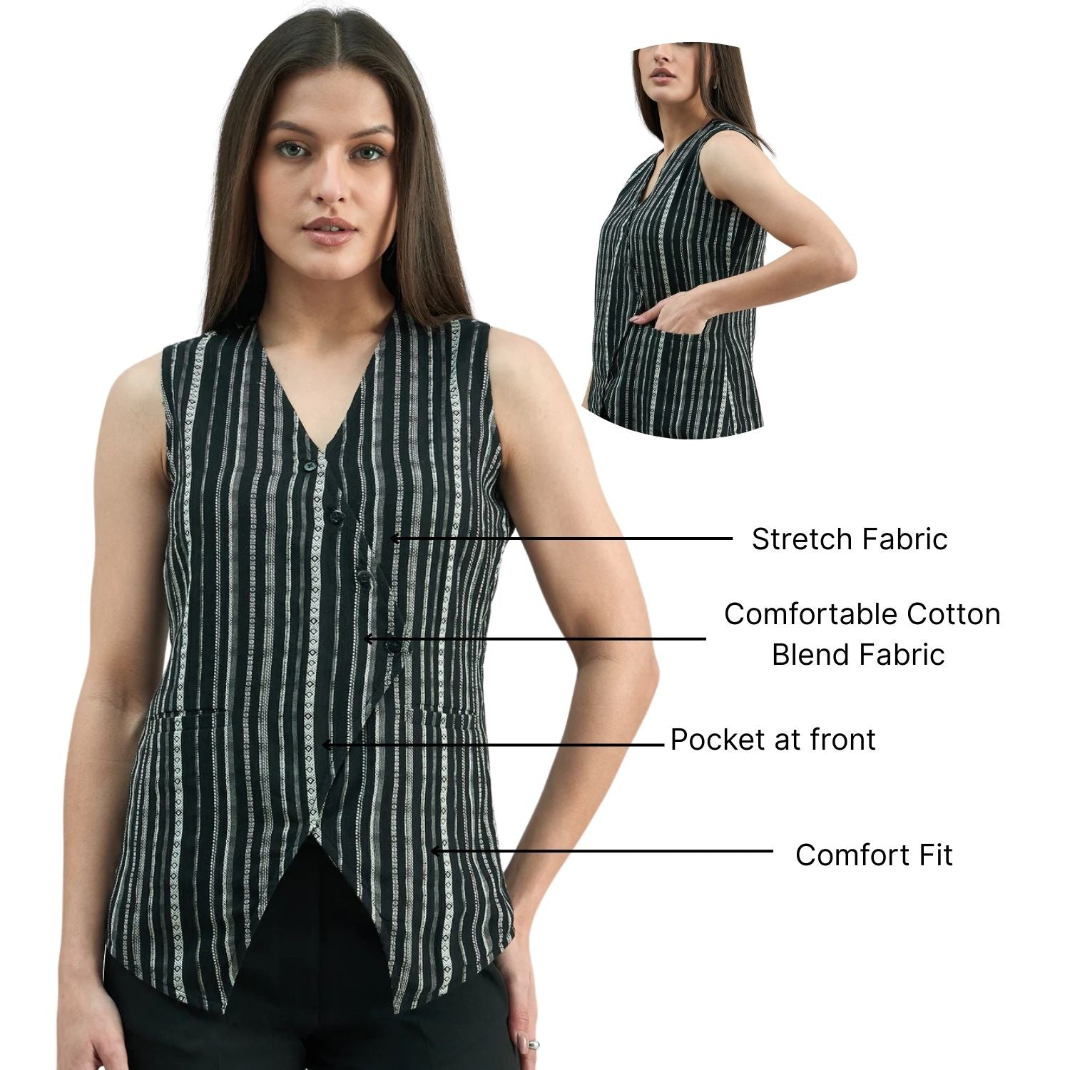 Asymmetric Cotton-Lycra Woven Black & White Striped Vest Top