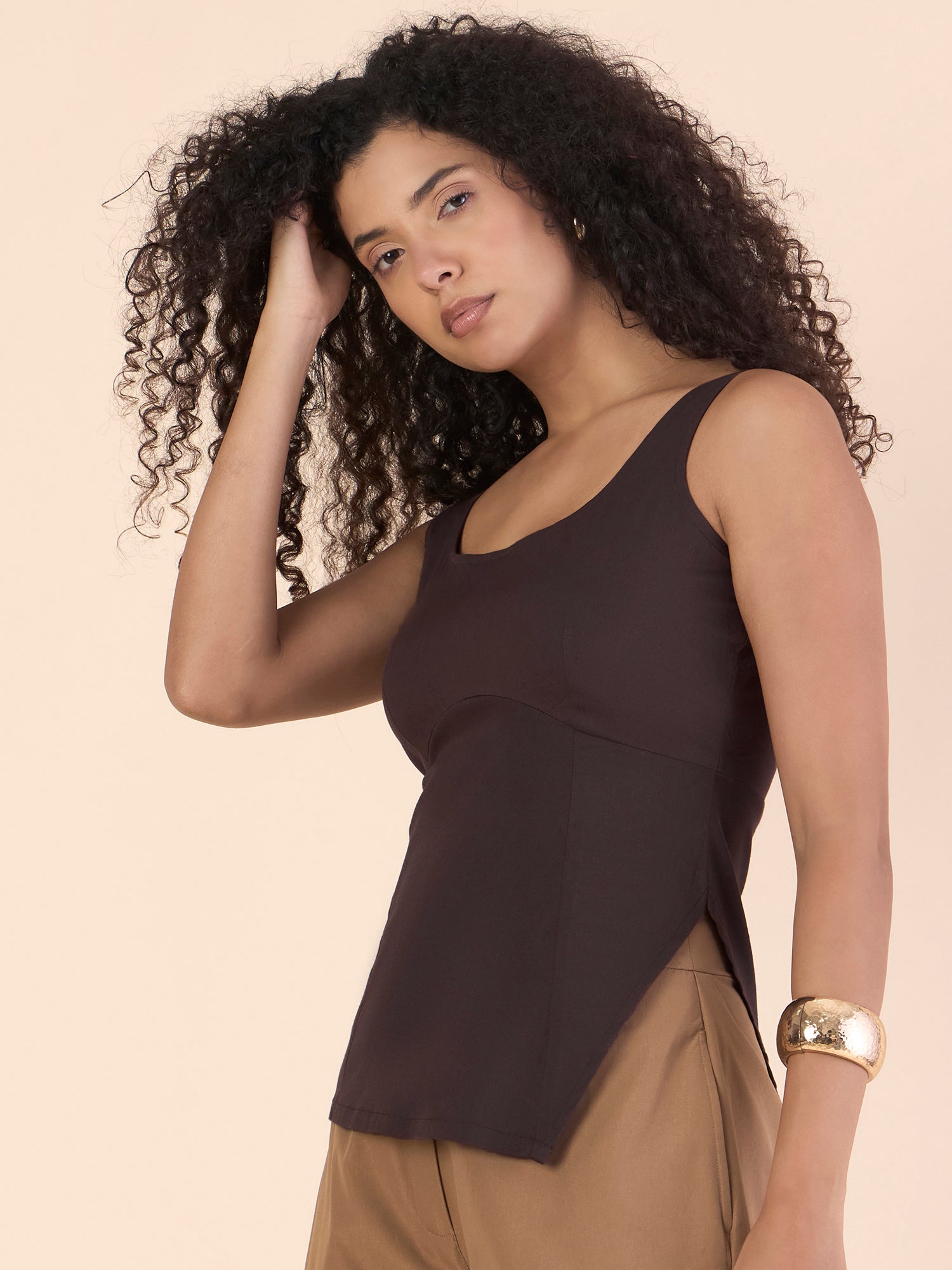 Dark Brown Slim Fit Darted Asymmetric Stretchable Top