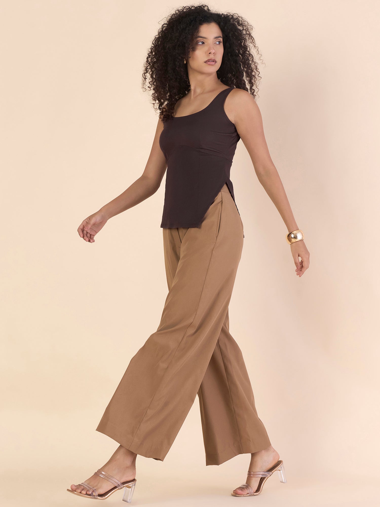 Dark Brown Slim Fit Darted Asymmetric Stretchable Top