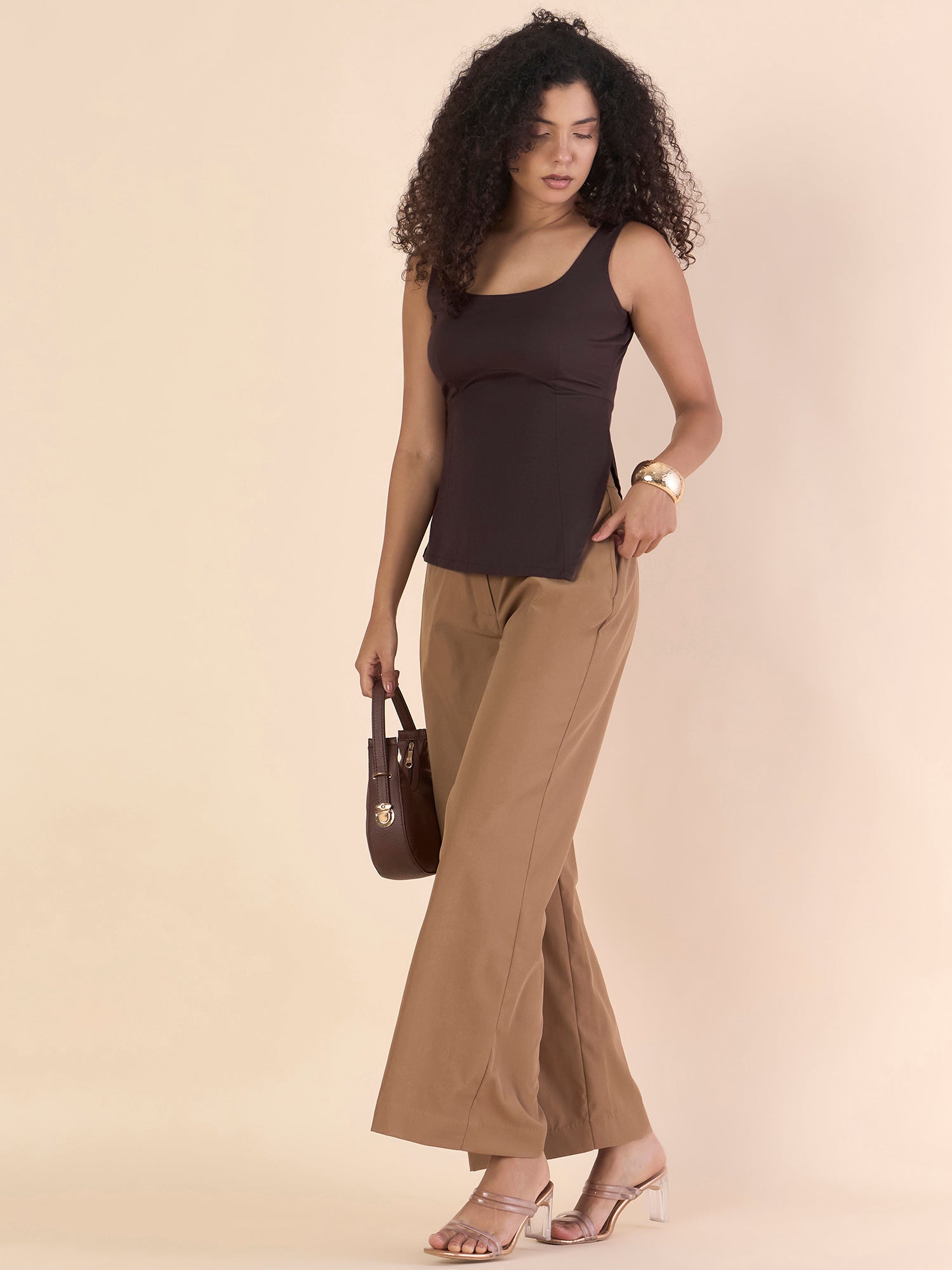 Dark Brown Slim Fit Darted Asymmetric Stretchable Top
