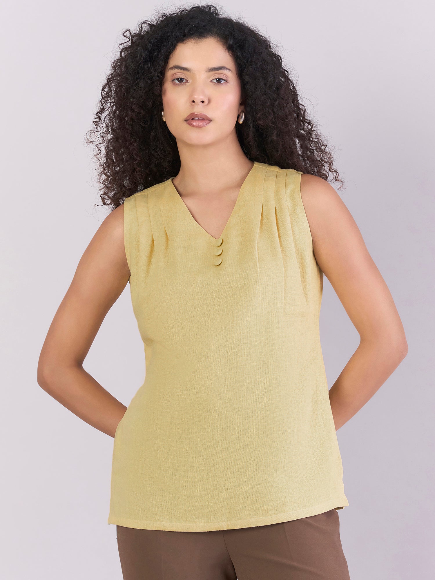 Women Yellow Soft Linen-Blend Modern Casual Top With Pleated Details