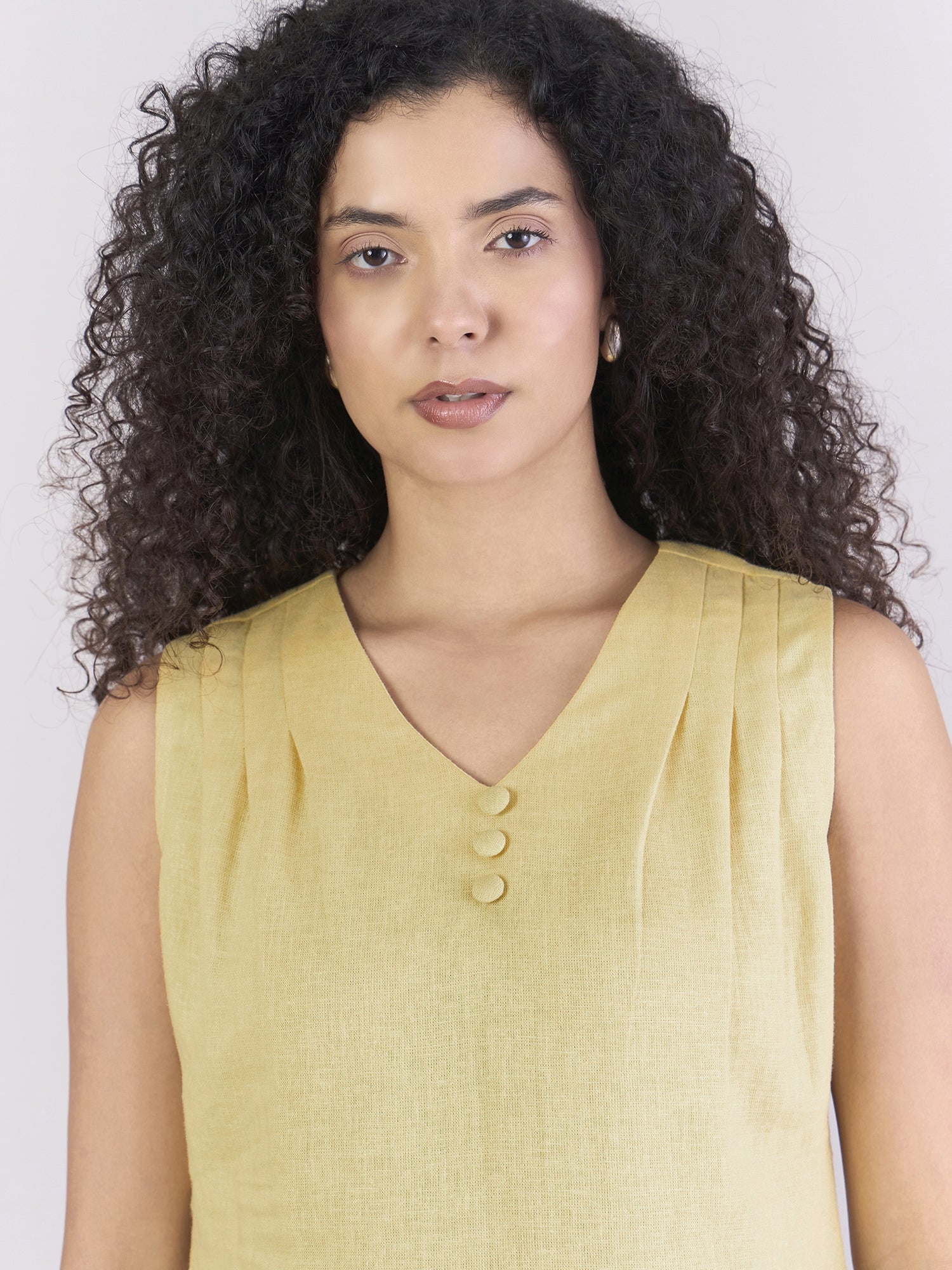 Women Yellow Soft Linen-Blend Modern Casual Top With Pleated Details