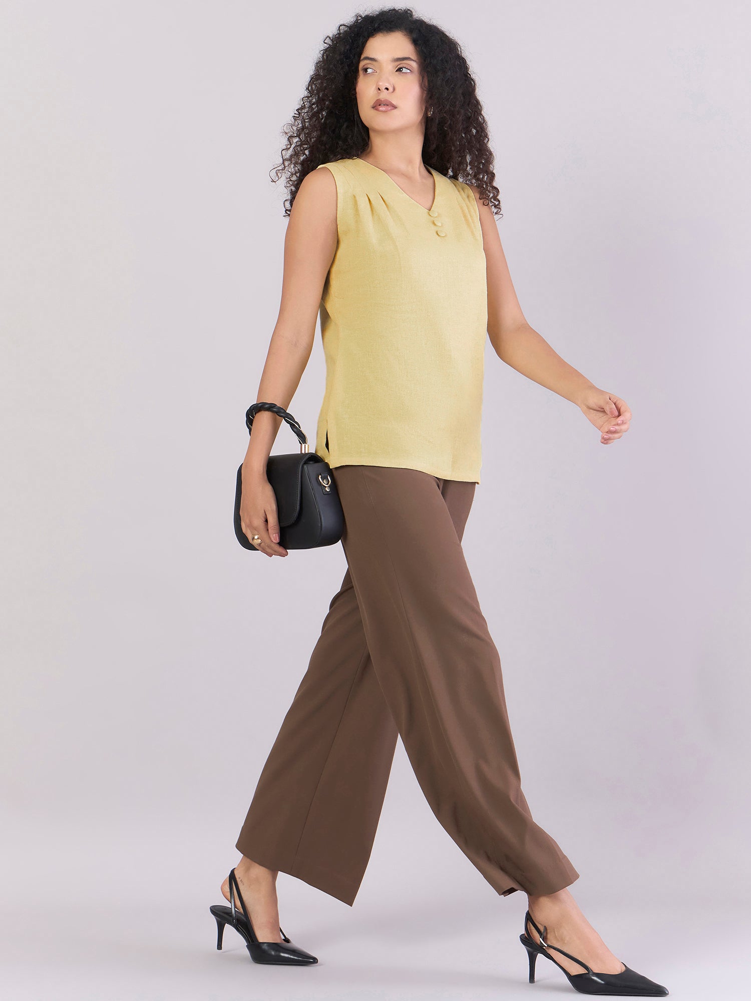 Women Yellow Soft Linen-Blend Modern Casual Top With Pleated Details