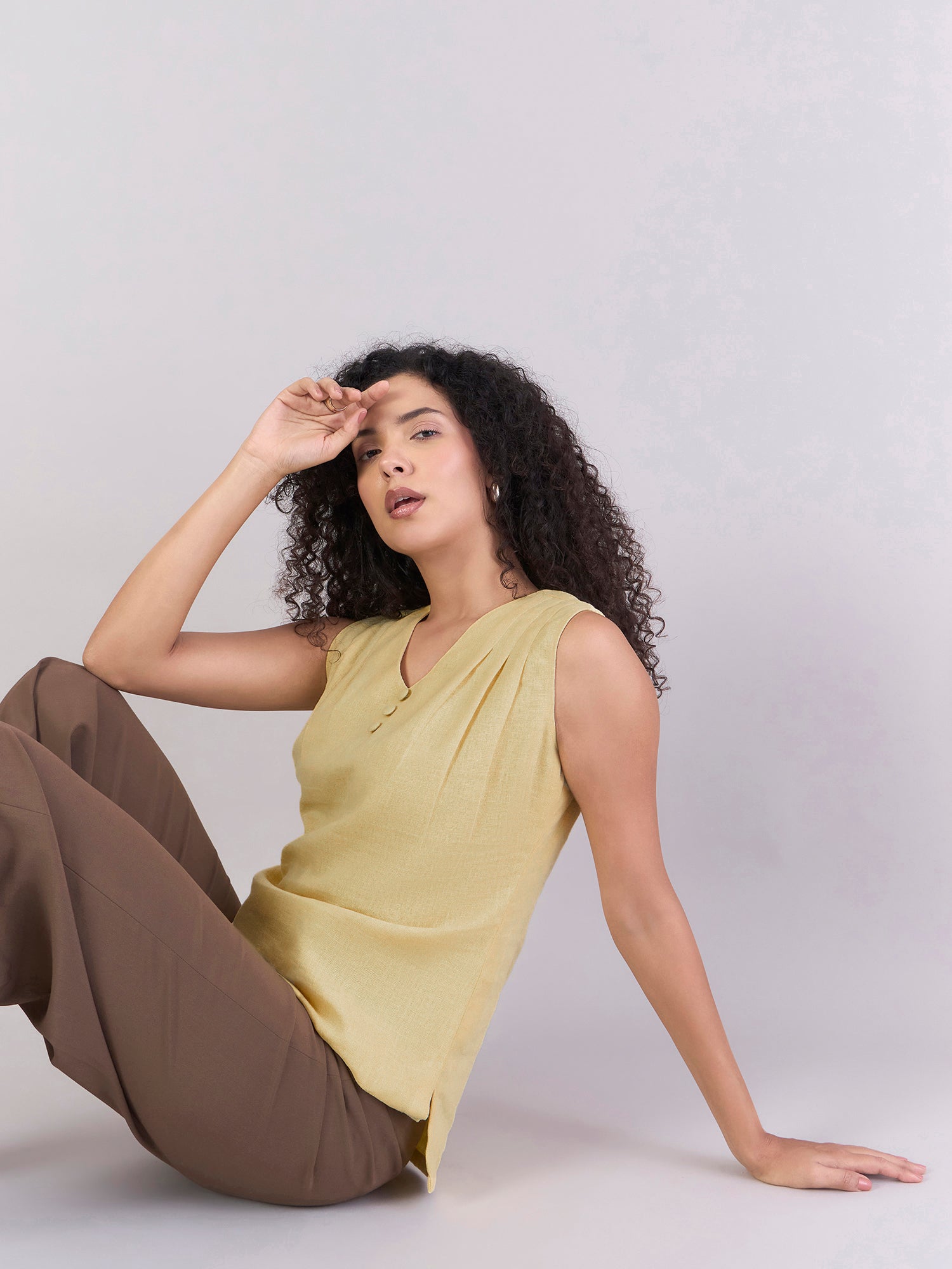 Women Yellow Soft Linen-Blend Modern Casual Top With Pleated Details