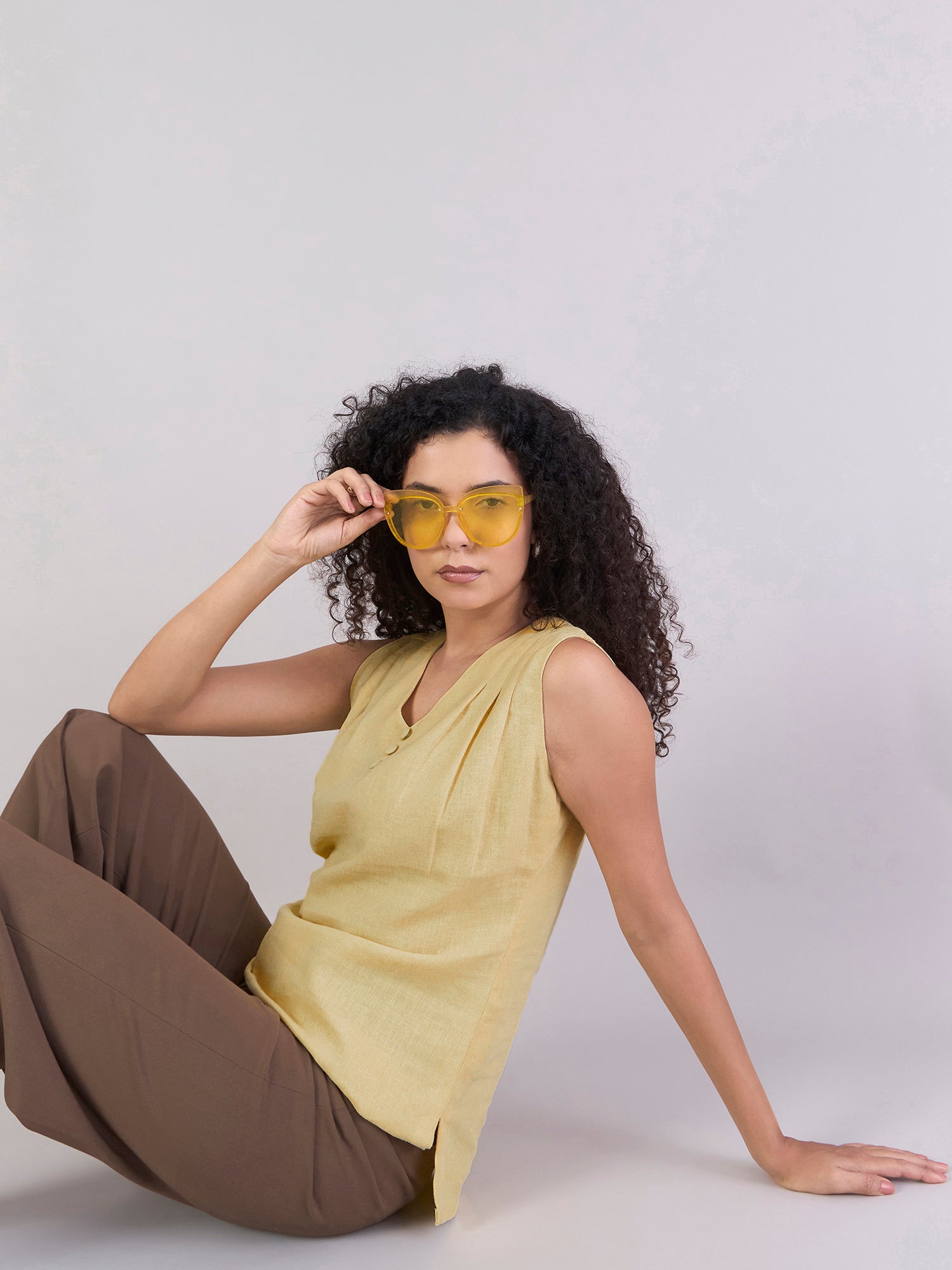 Women Yellow Soft Linen-Blend Modern Casual Top With Pleated Details