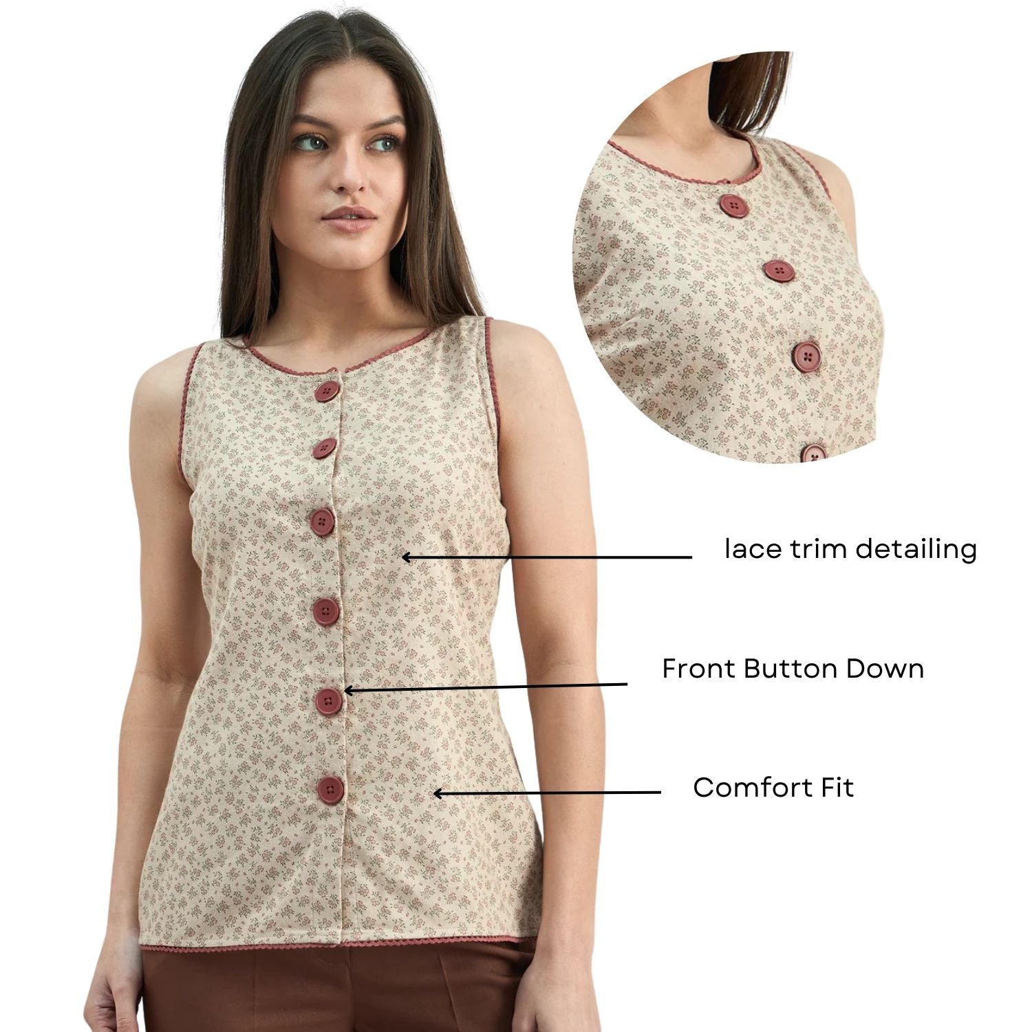 Women Sleeveless Roundneck Lace Trim Detail Top