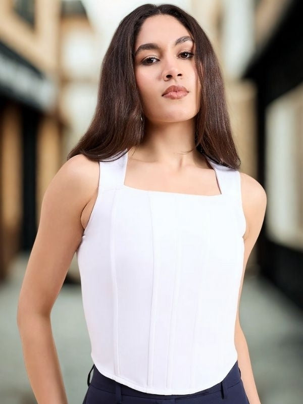 Women Solid Square Neck Corset Crop Top