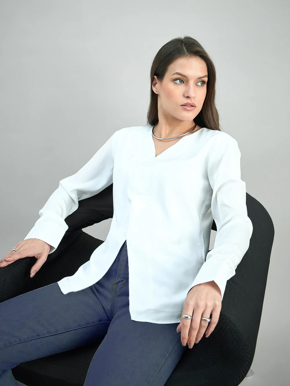 Solid White Front Slit V-Neck Long Sleeve Blouse