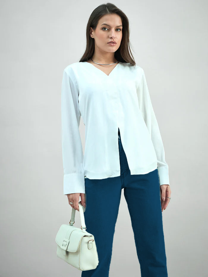 Solid White Front Slit V-Neck Long Sleeve Blouse