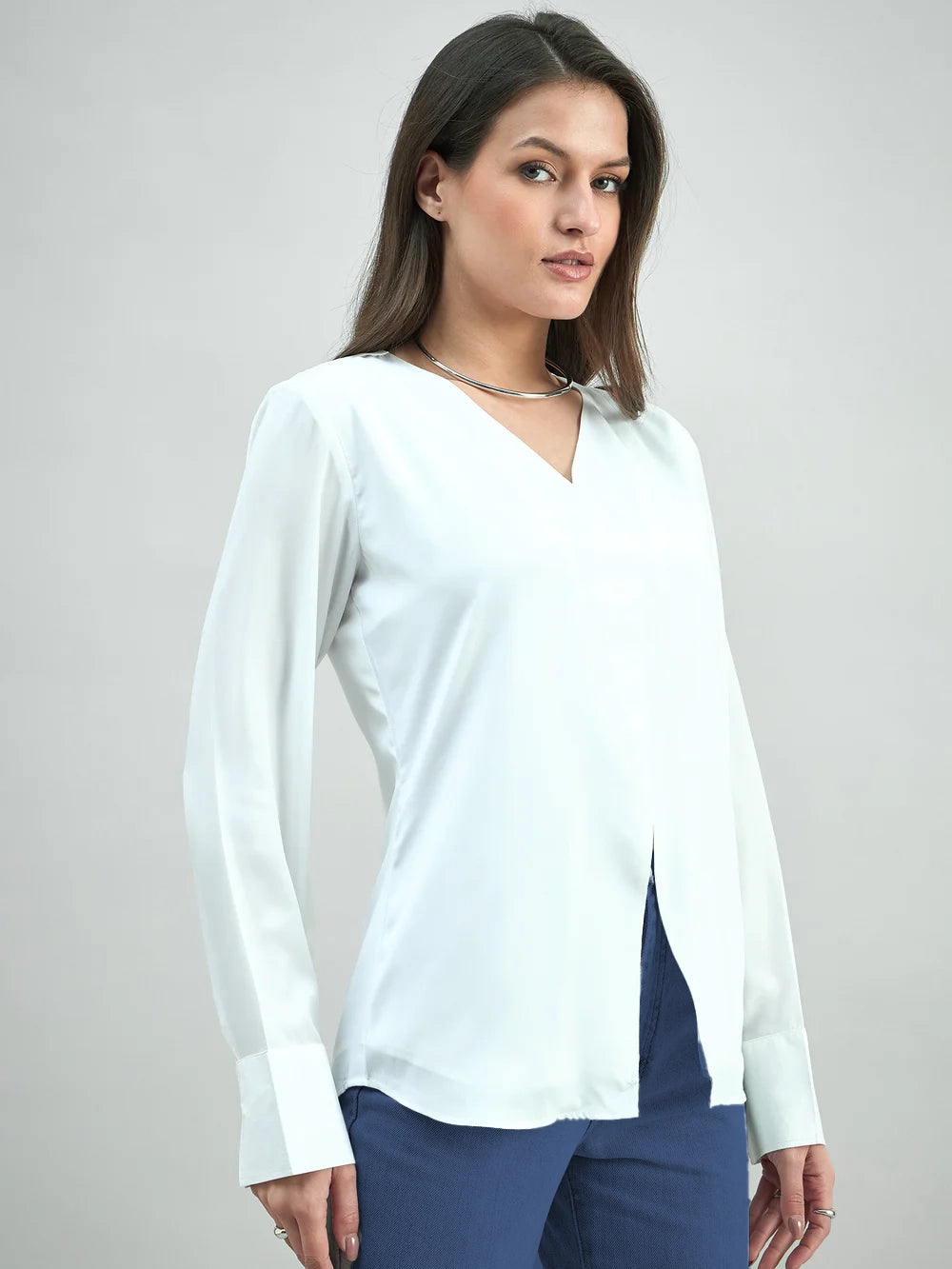 Solid White Front Slit V-Neck Long Sleeve Blouse