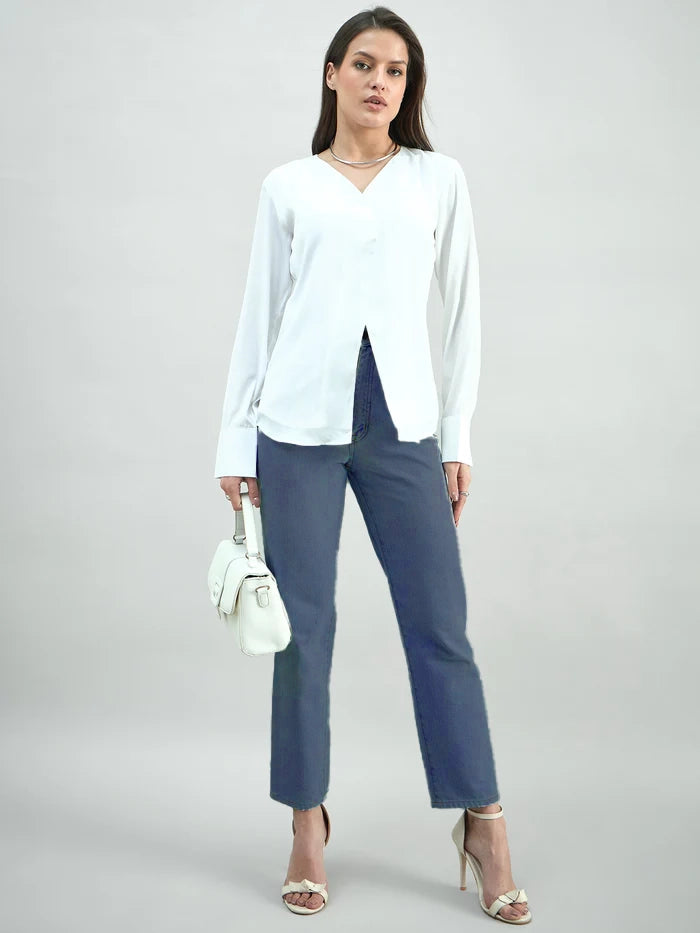 Solid White Front Slit V-Neck Long Sleeve Blouse