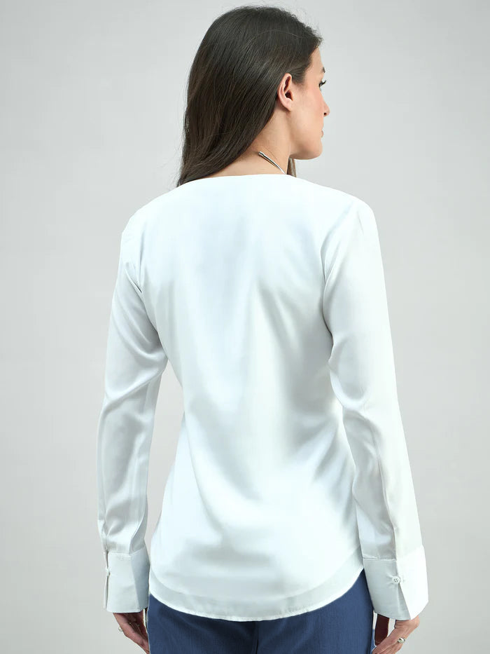 Solid White Front Slit V-Neck Long Sleeve Blouse