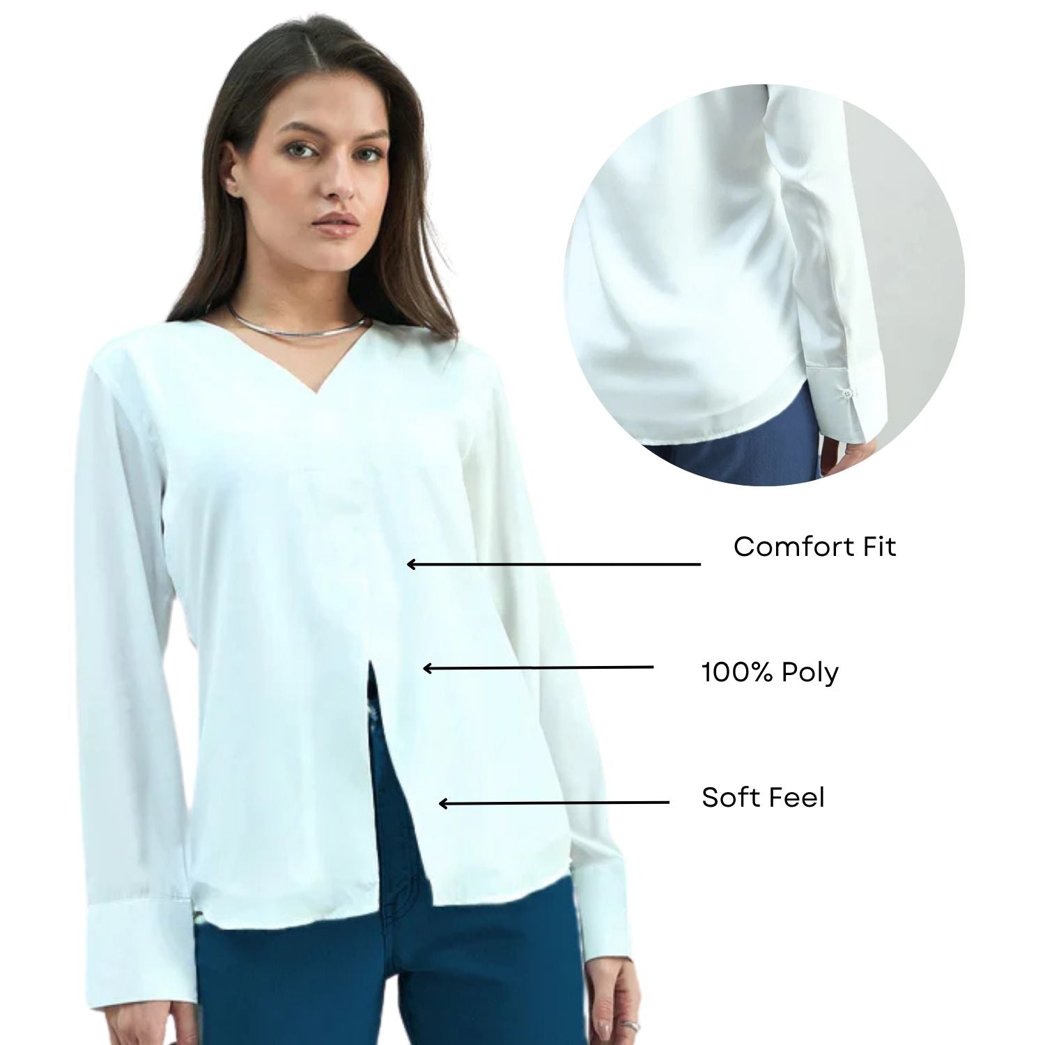 Solid White Front Slit V-Neck Long Sleeve Blouse