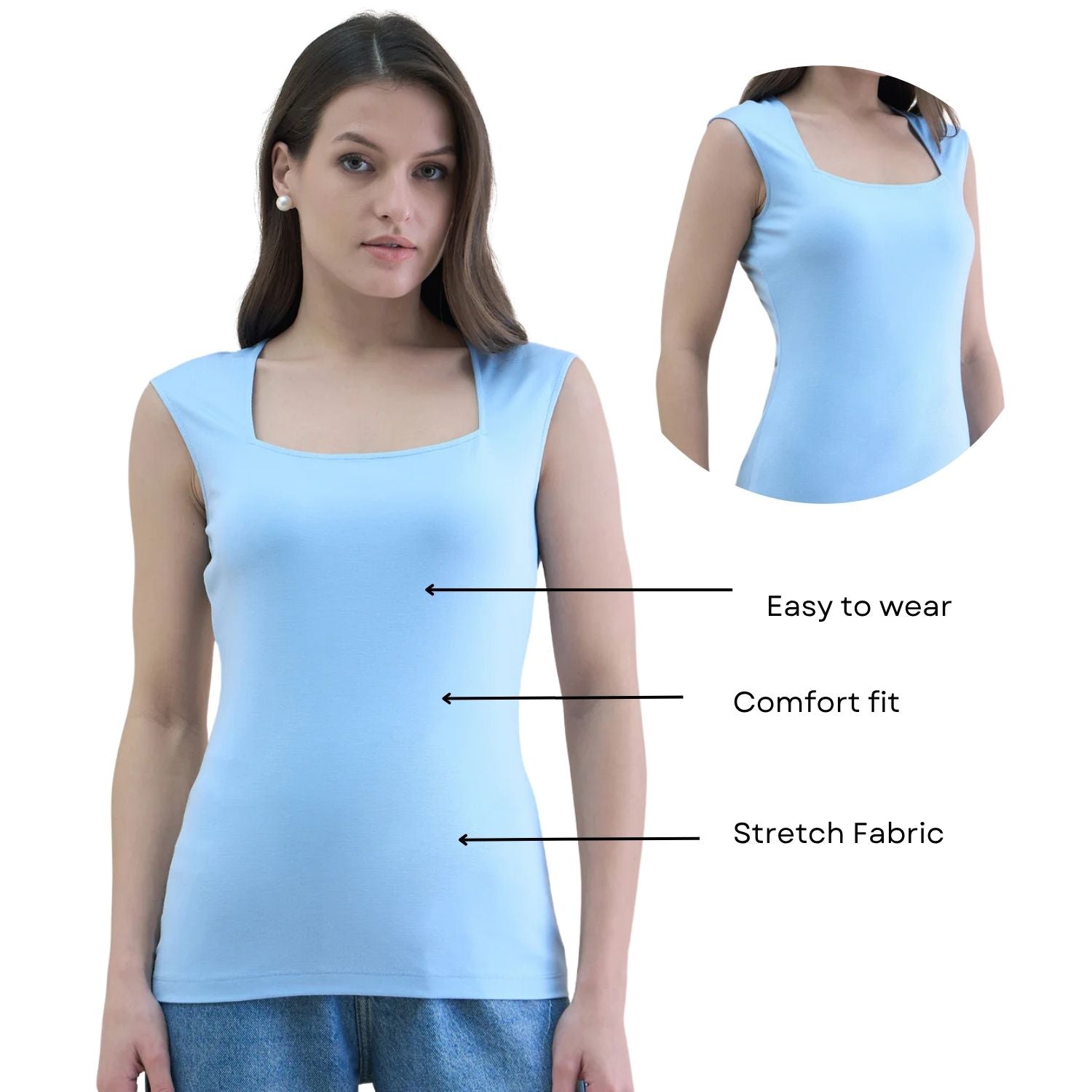 Square Neck Knit Cap Sleeve Solid Ice-Blue Tank Top In Stretch Fabric