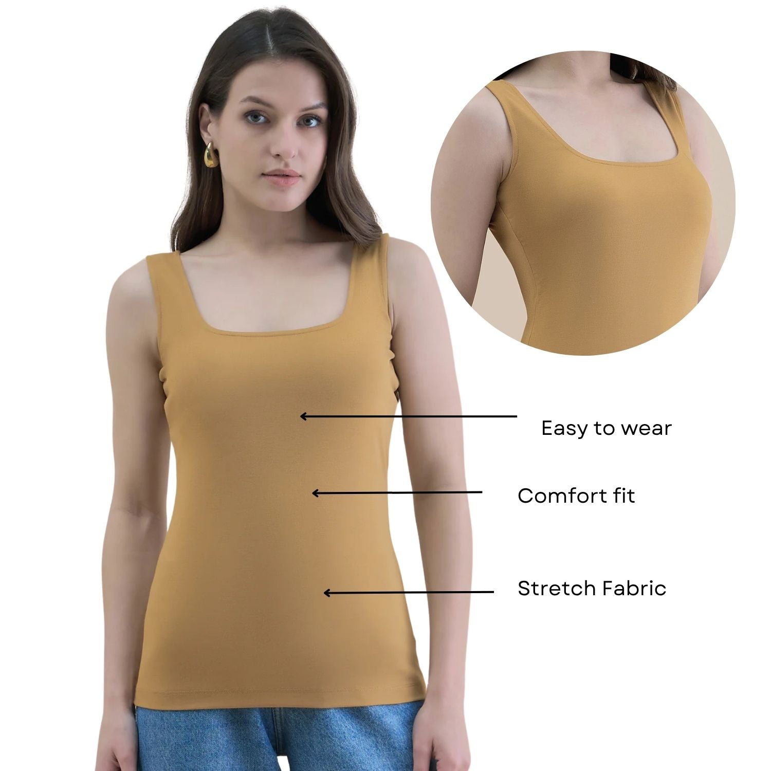 U-Neck Knit Sleeveless Solid Mustard Tank Top In Stretch Fabric