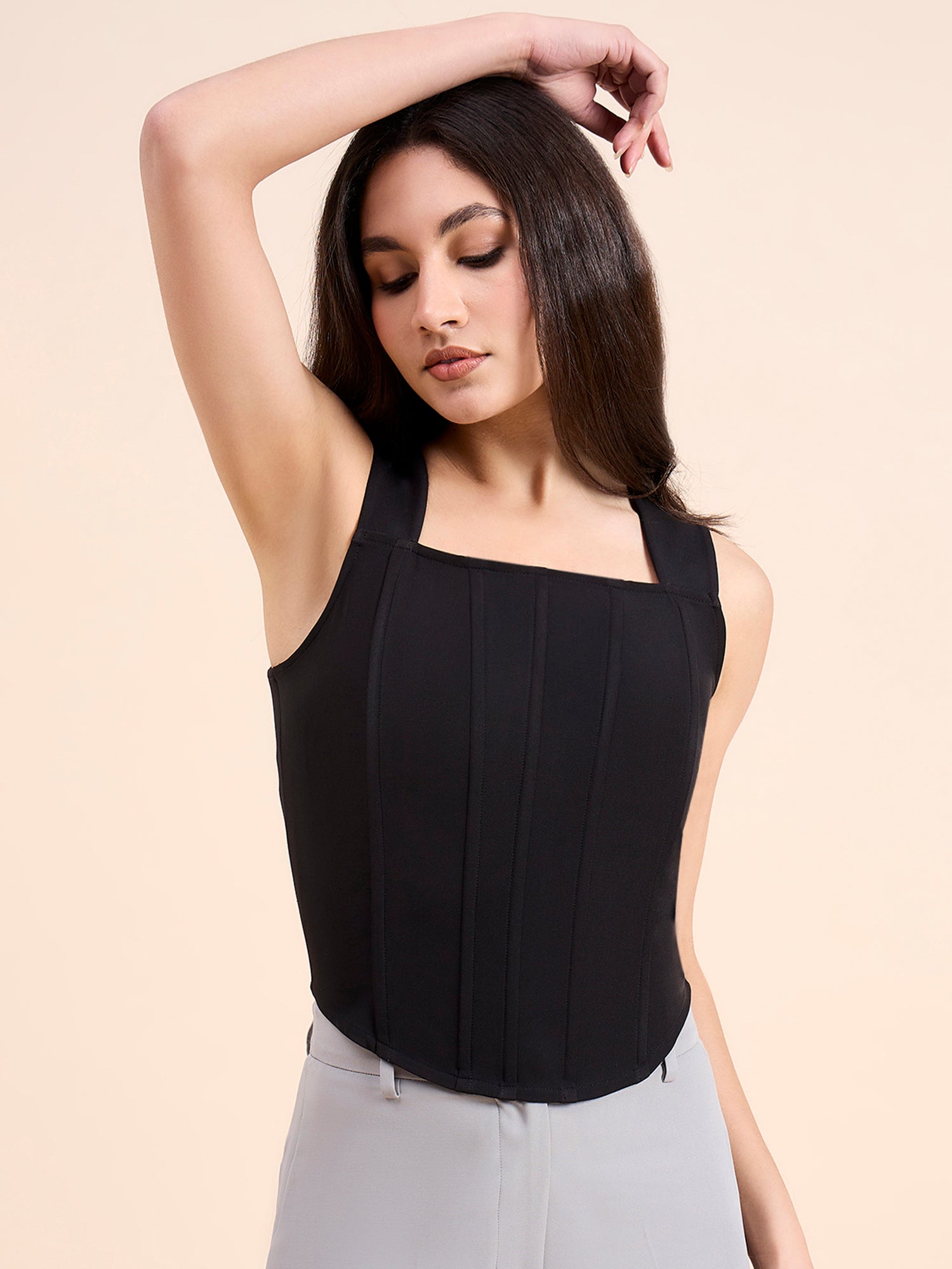 Women Solid Black Square Neck Corset Crop Top