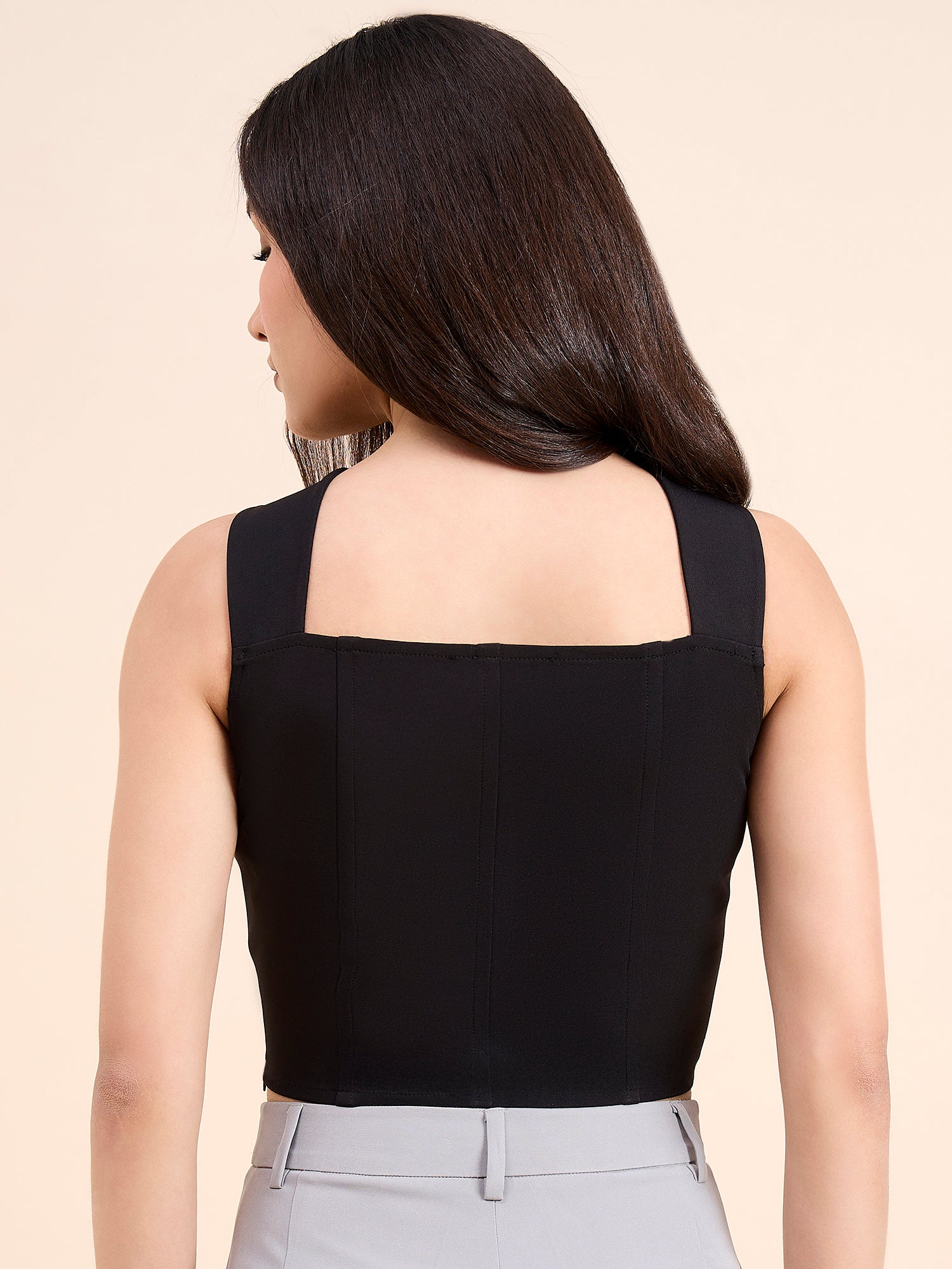 Women Solid Black Square Neck Corset Crop Top