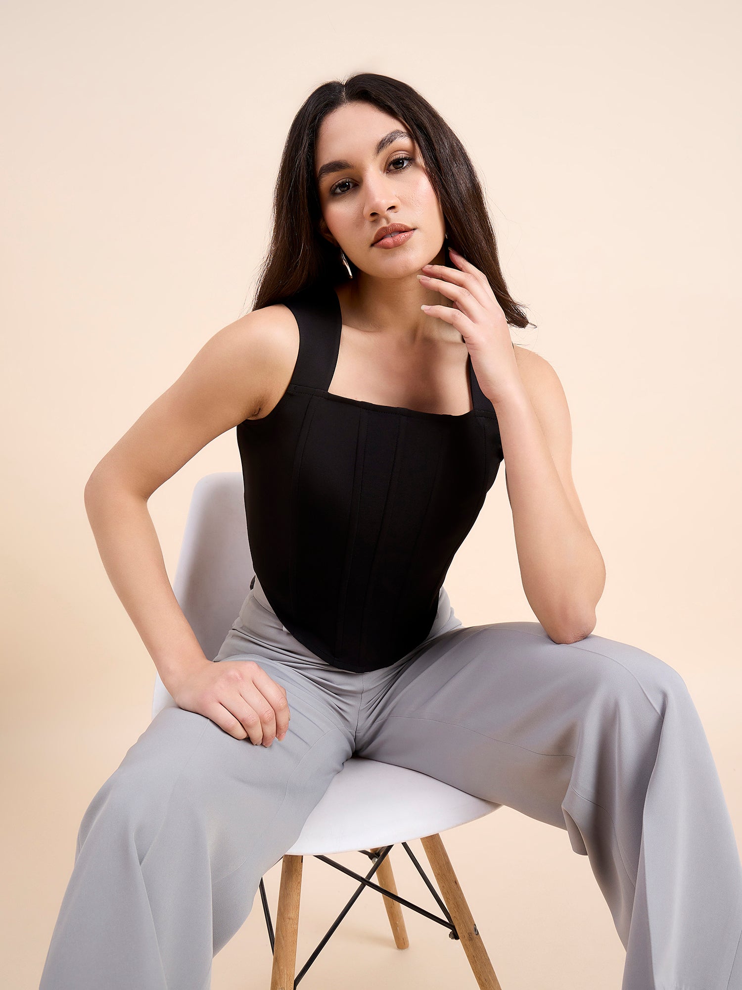 Women Solid Black Square Neck Corset Crop Top