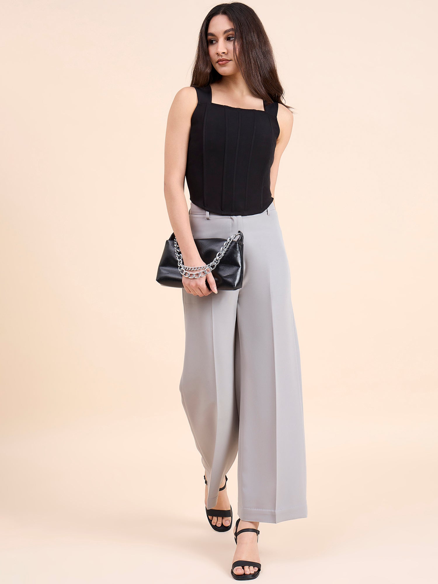 Women Solid Black Square Neck Corset Crop Top