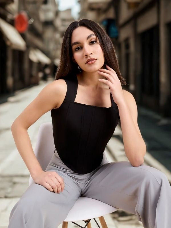 Women Solid Black Square Neck Corset Crop Top