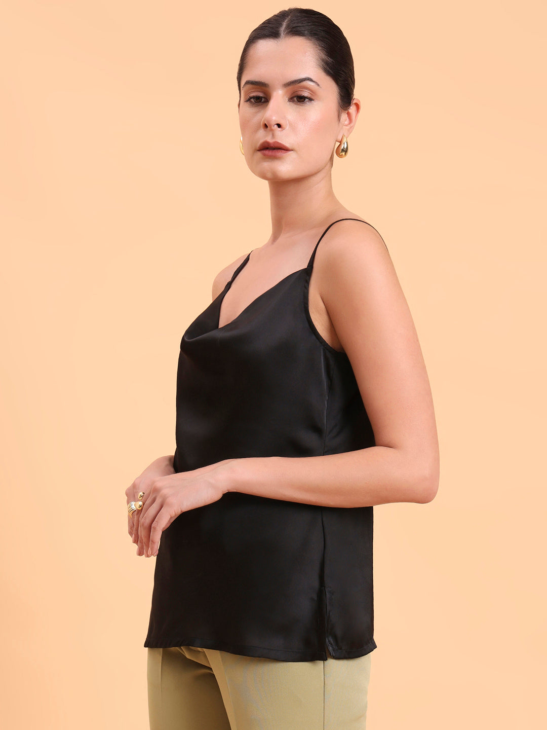 Black Cowl Neck Satin Tank Top