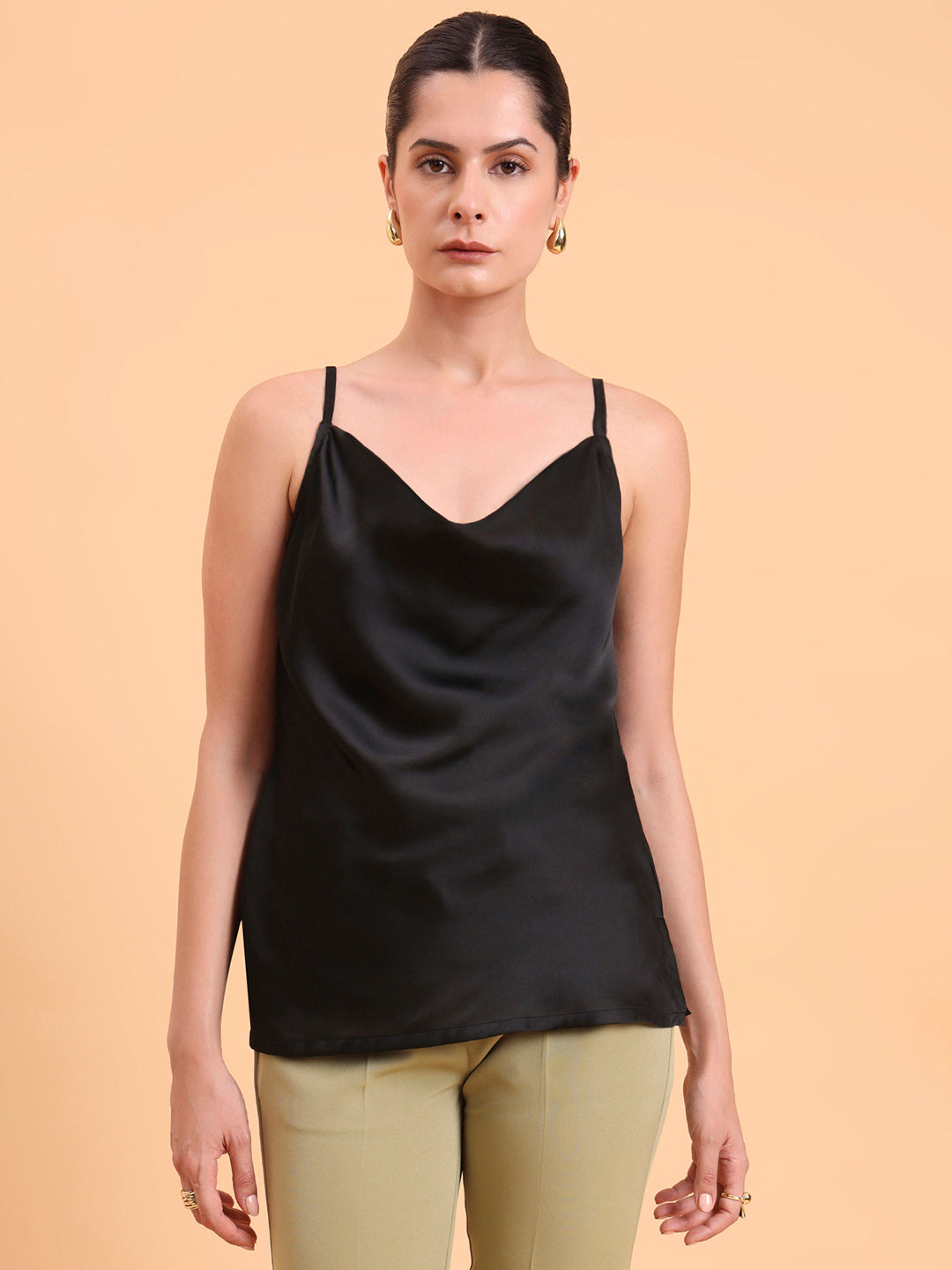 Black Cowl Neck Satin Tank Top