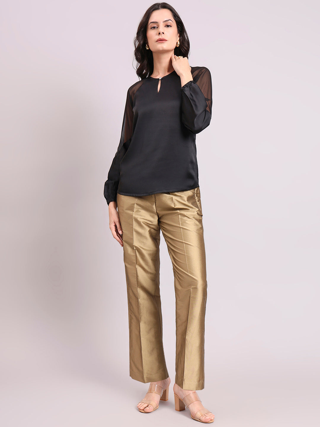 Black Satin Keyhole Detailed Top With Semi-Sheer Sleeves