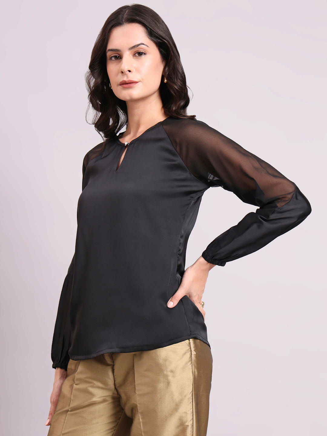 Black Satin Keyhole Detailed Top With Semi-Sheer Sleeves