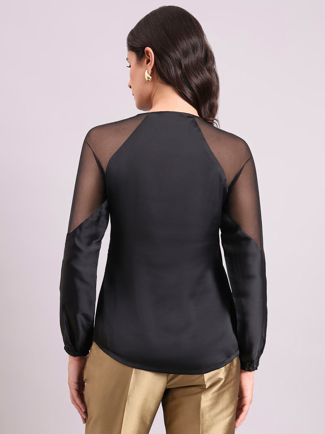 Black Satin Keyhole Detailed Top With Semi-Sheer Sleeves