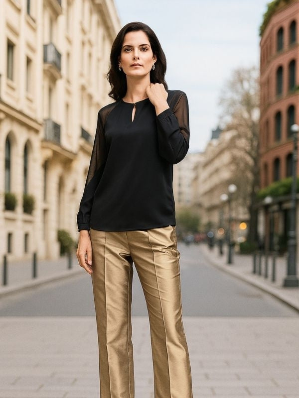 Black Satin Keyhole Detailed Top With Semi-Sheer Sleeves