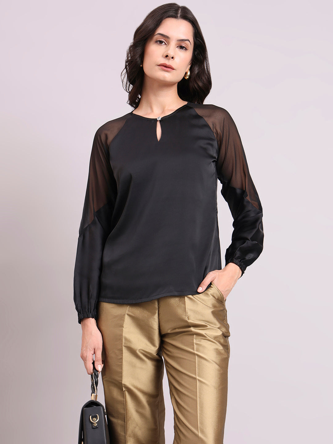 Black Satin Keyhole Detailed Top With Semi-Sheer Sleeves