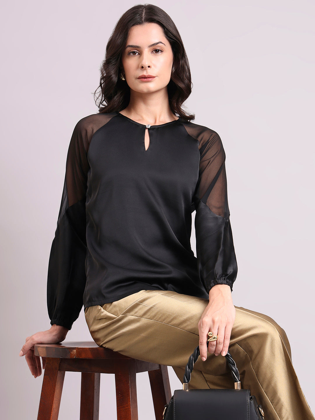 Black Satin Keyhole Detailed Top With Semi-Sheer Sleeves