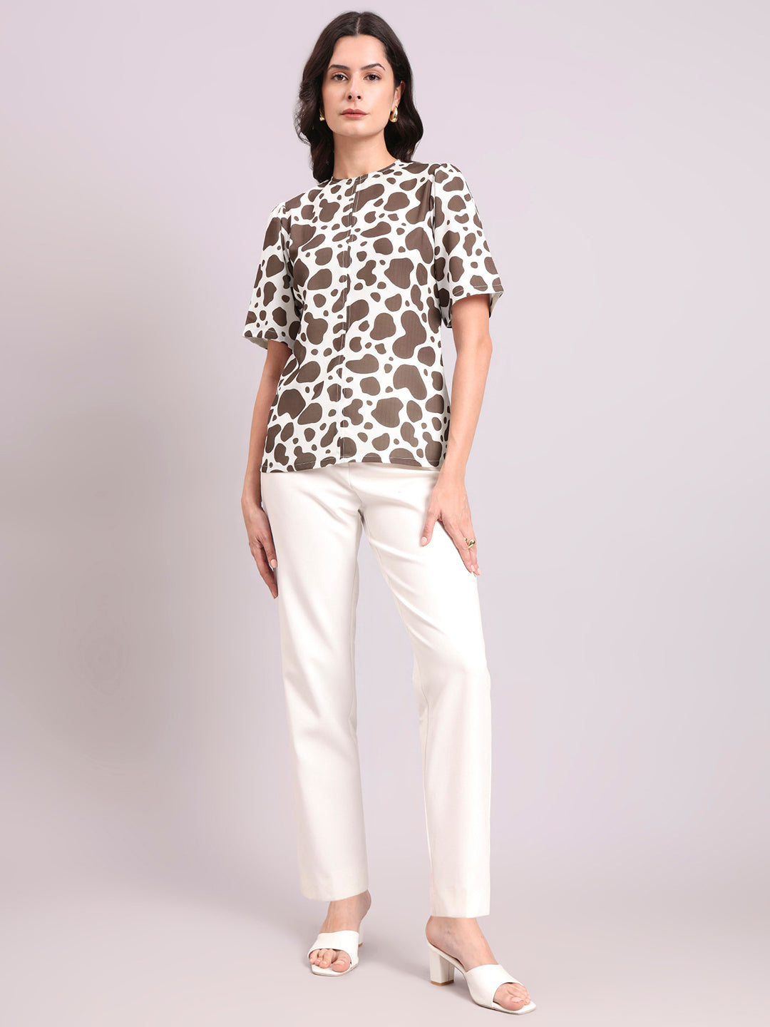 Animal Print Keyhole Detail Round Neck Top
