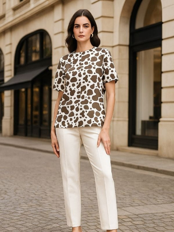 Animal Print Keyhole Detail Round Neck Top
