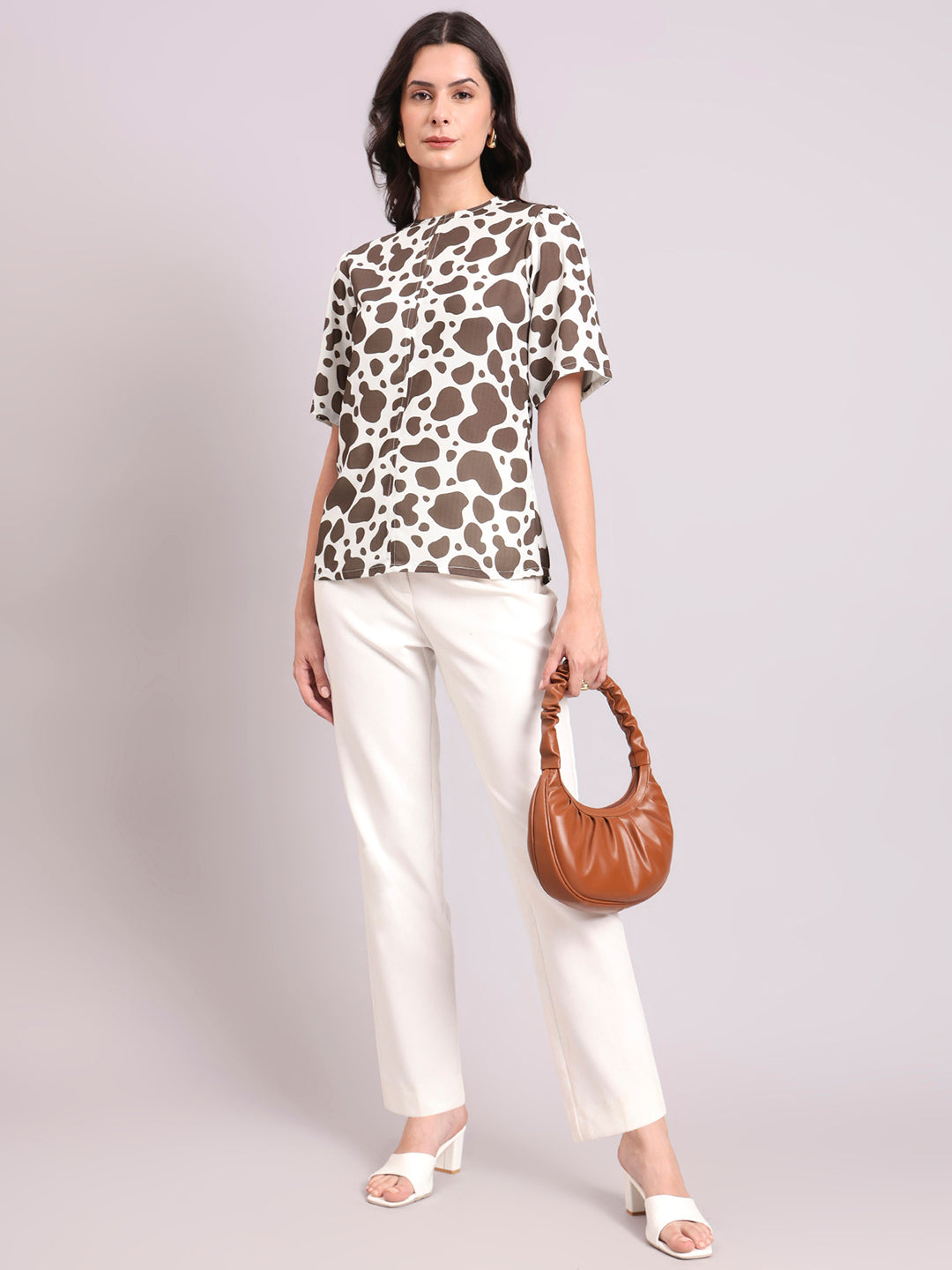 Animal Print Keyhole Detail Round Neck Top