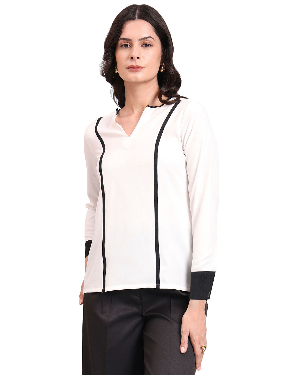 White Crepe Top With Round V-Neck & Black Contrast Trim Detailed